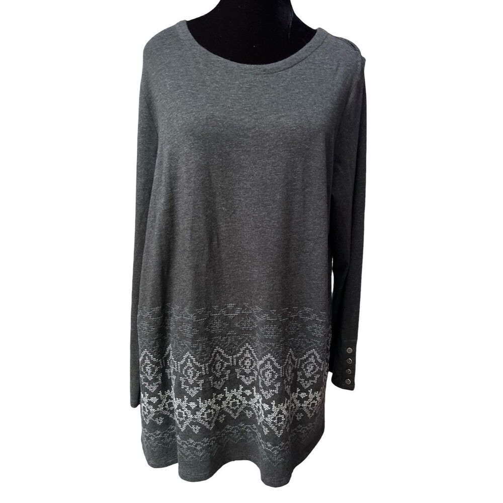 J. Jill Gray Nordic Embroidered Hem Tunic Top Long Sleeve Size Medium
